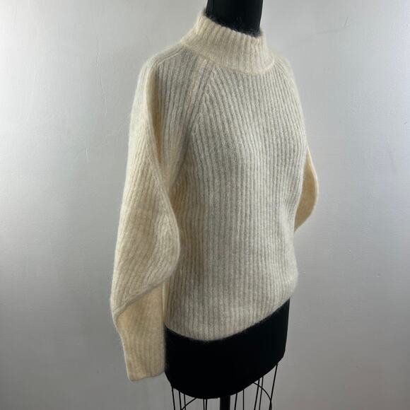 H&M Cream Mohair Wool Blend Ribbed Mock Neck Long Sleeve Fuzzy Sweater Size L - Picture 4 of 8